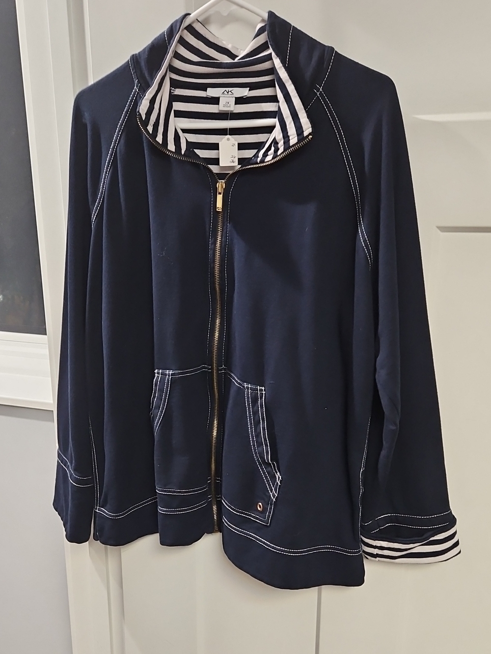 Anne Klein Sport Navy Zip-Front Bomber Jacket with Striped Lining